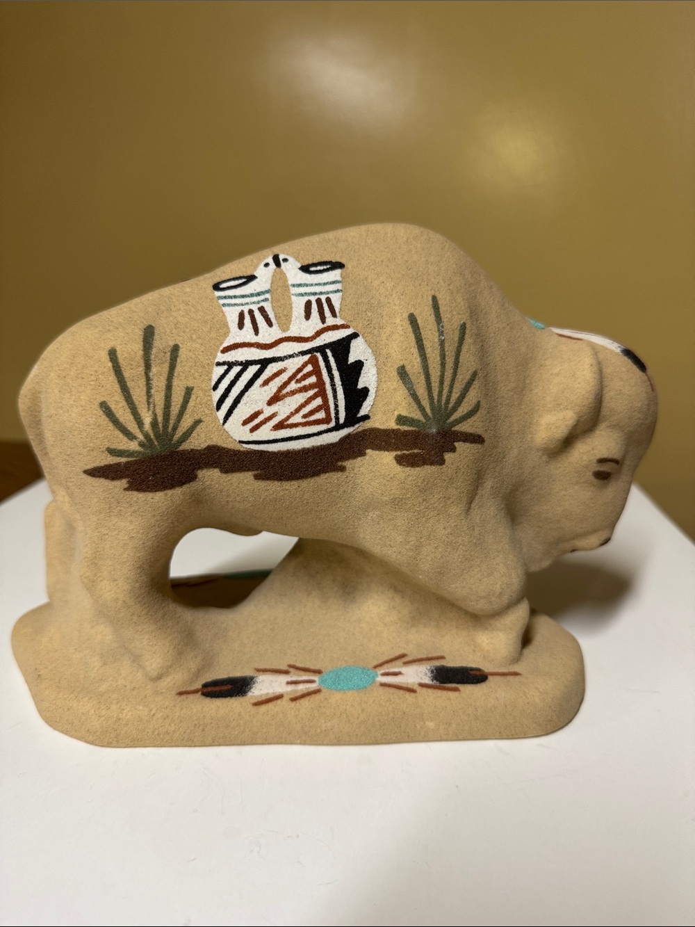 Navajo Sand Painted Pottery Buffalo signed E. Yazzie 6.75” tall 9” long